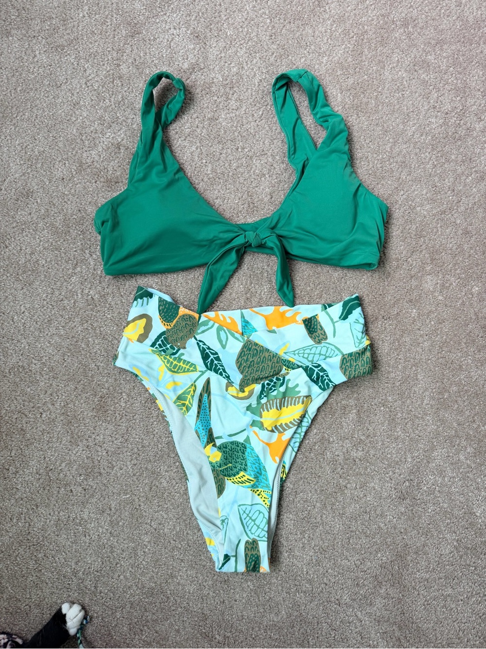 Green Tie-Front Bikini Top with Tropical High-Waist Bottoms